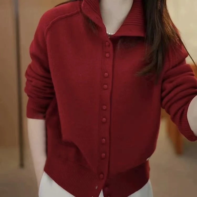 【红玫瑰】高领单排扣软糯毛衣开衫女秋冬韩系ins风开衫