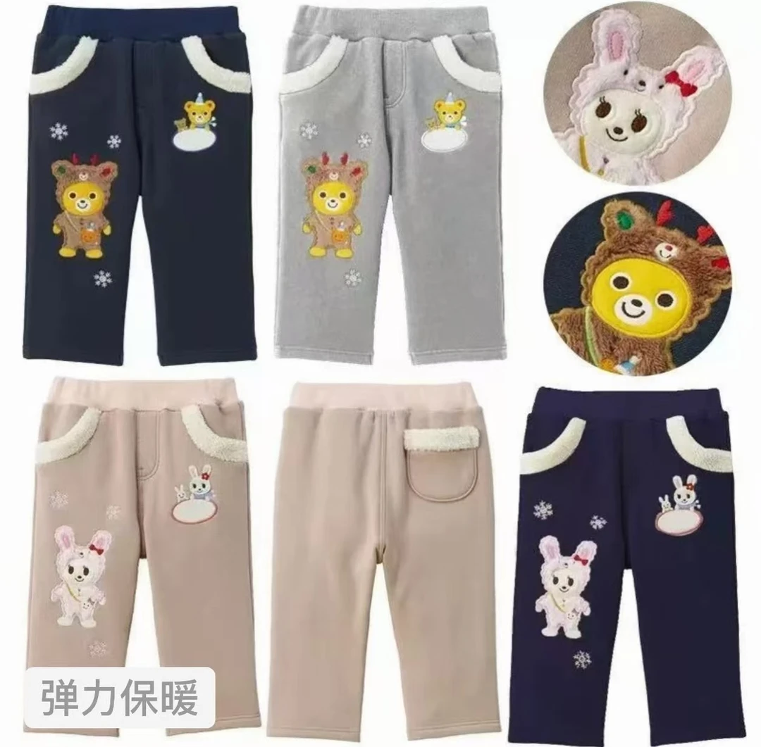 日系男女童秋冬卡通雪花小熊小兔小鹿毛绒刺绣加绒裤