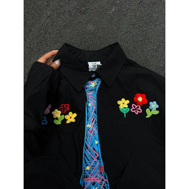 彩绘涂鸦领带衬衫短袖高级感男装痞帅刺绣情侣衬衣小众松弛感外套