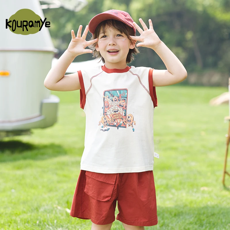 酷娃米2025年夏季新款中小男童百搭萌趣爆米花背心套装50143