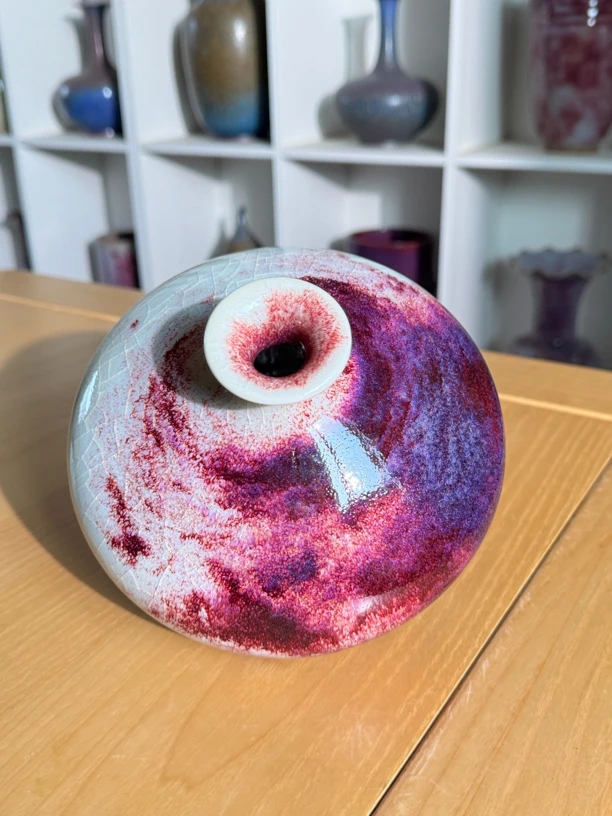 钧瓷玉石釉小花器花瓶扁腹瓶摆件秦克文手作高13.5公分宽17.5公分