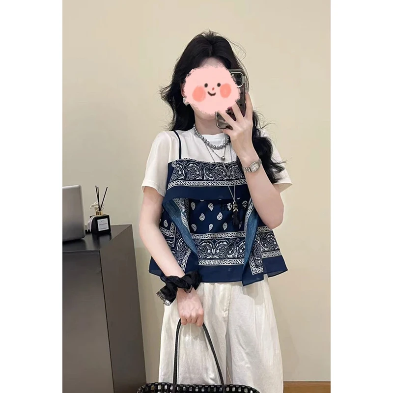 FRVXO【时尚宠儿】欧若风气质减龄上衣设计感印花假两件t恤上衣