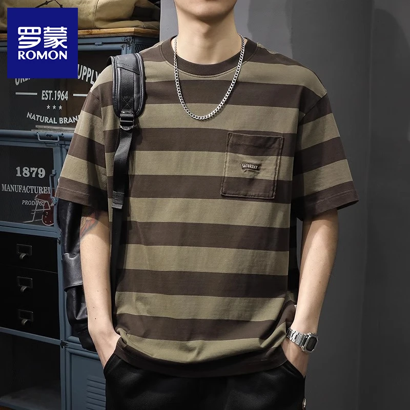 Romon/罗蒙男士条纹短袖t恤夏季宽松大码休闲T恤美式复古纯棉体恤