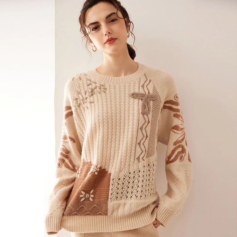 【山羊绒】女士圆领手工提花羊绒衫RSM3257