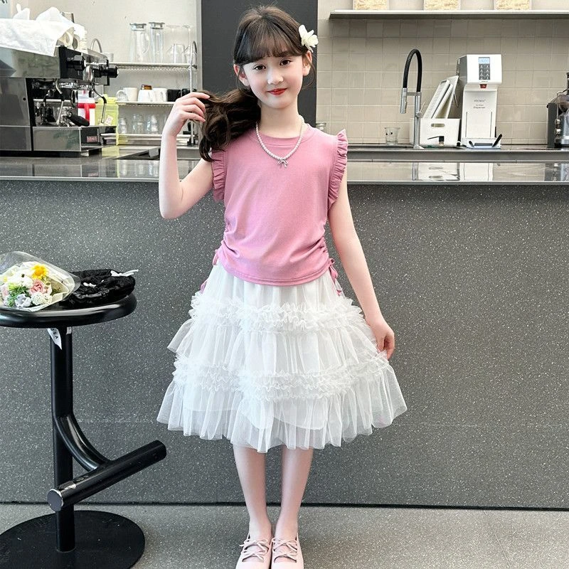 女童夏装套装2025夏季新款儿童无袖花边背心上衣网纱蛋糕裙两件套