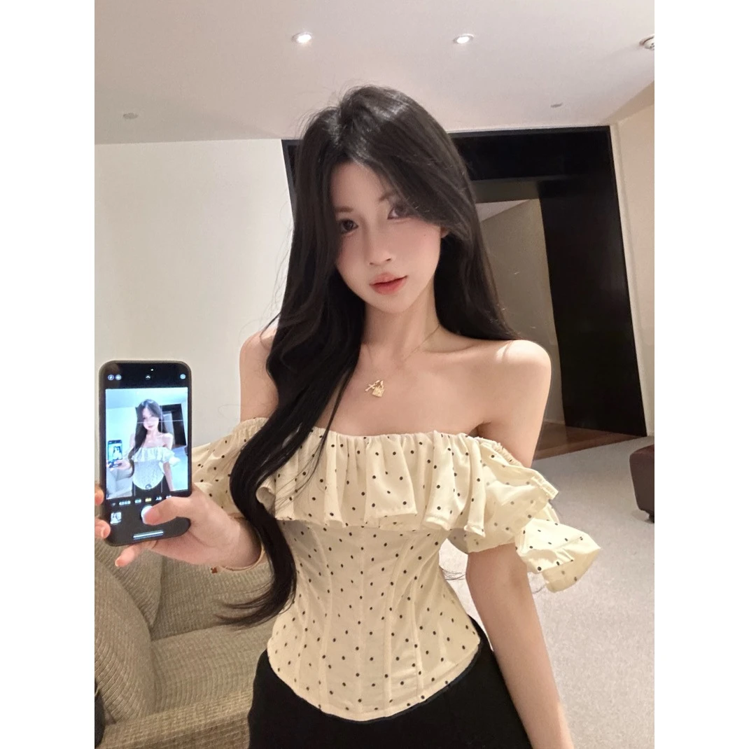 夏季法式荷叶边一字肩波点抹胸背心女外穿设计感修身短款锁骨上衣