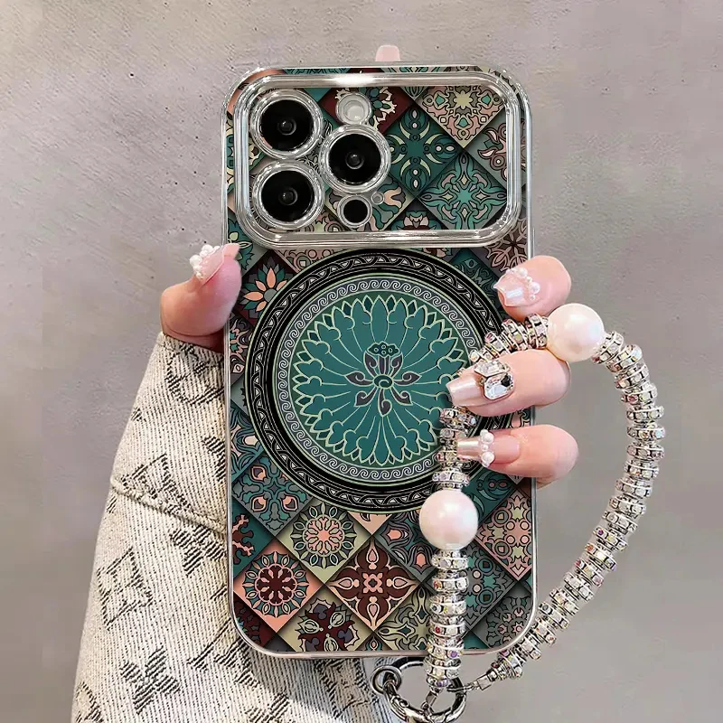 复古花纹适用苹果15华为vivo/oppo小米iPhone16pro电镀视窗手机壳