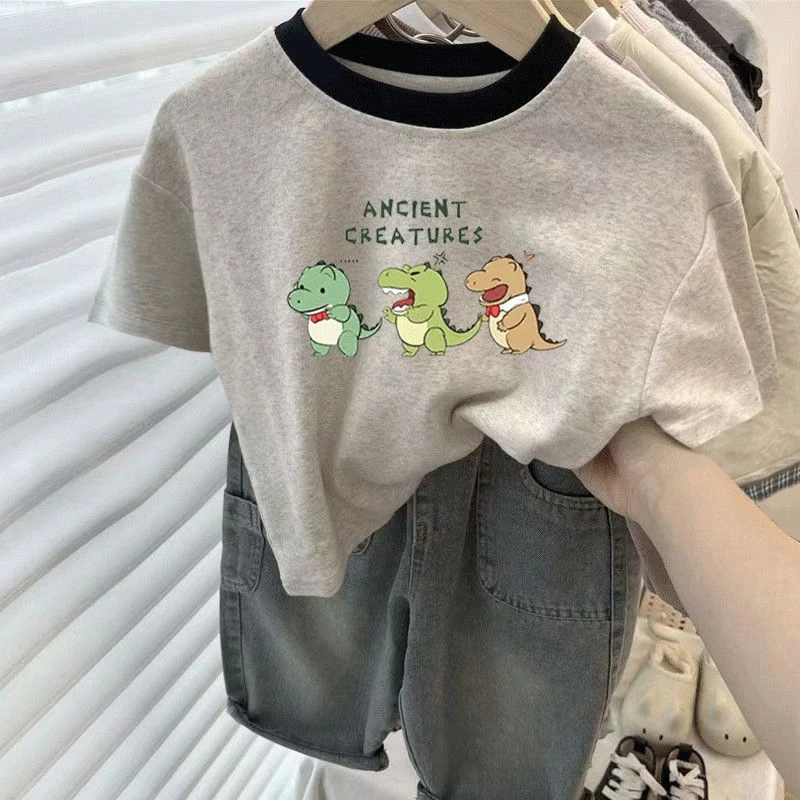 新款纯棉儿童百搭短袖卡通夏季T恤拼色女童韩系上衣圆领打底宝宝t