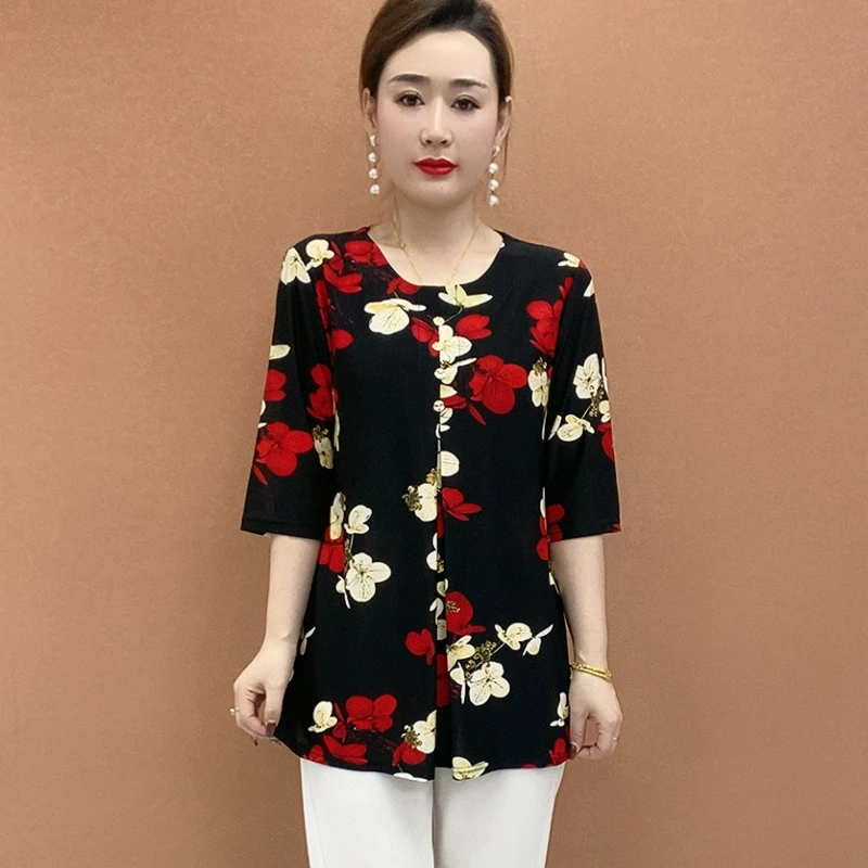 大码女装妈妈装半袖T恤衫遮肚显瘦小衫加肥加大休闲上衣宽松中袖