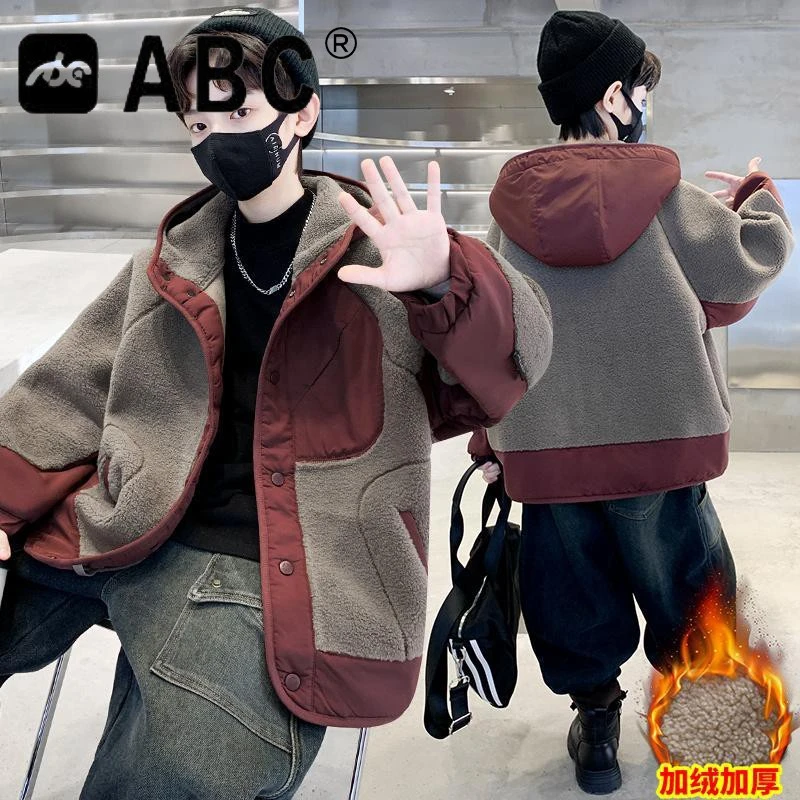 ABC男童夹棉摇粒绒外套秋冬新款儿童冬装毛毛衣男孩连帽外套加厚