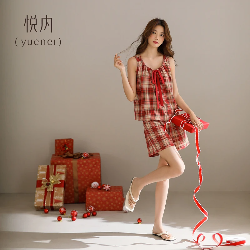 悦内【带胸垫】夏季纯棉无袖背心短裤女士家居服红色时尚格子田园风