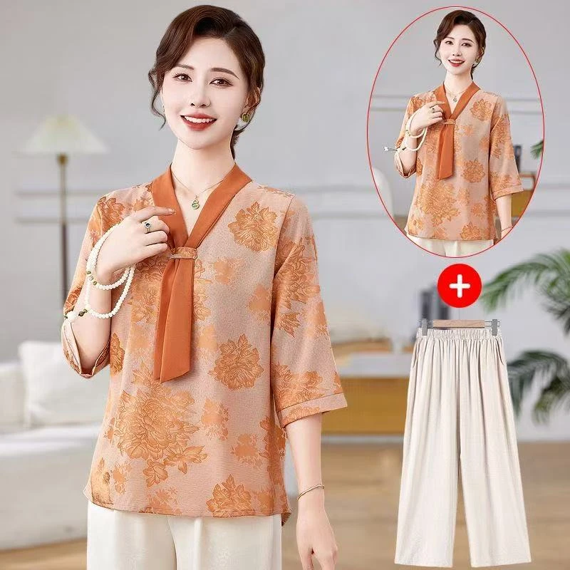 9180-妈妈夏装减龄小衫新款洋气中老年女夏季七分袖套装【艾维美】