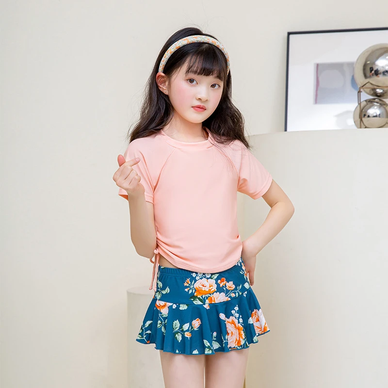 【女宝】中大童夏季游泳泳衣儿童女童分体短袖平角学生温泉泳装2113