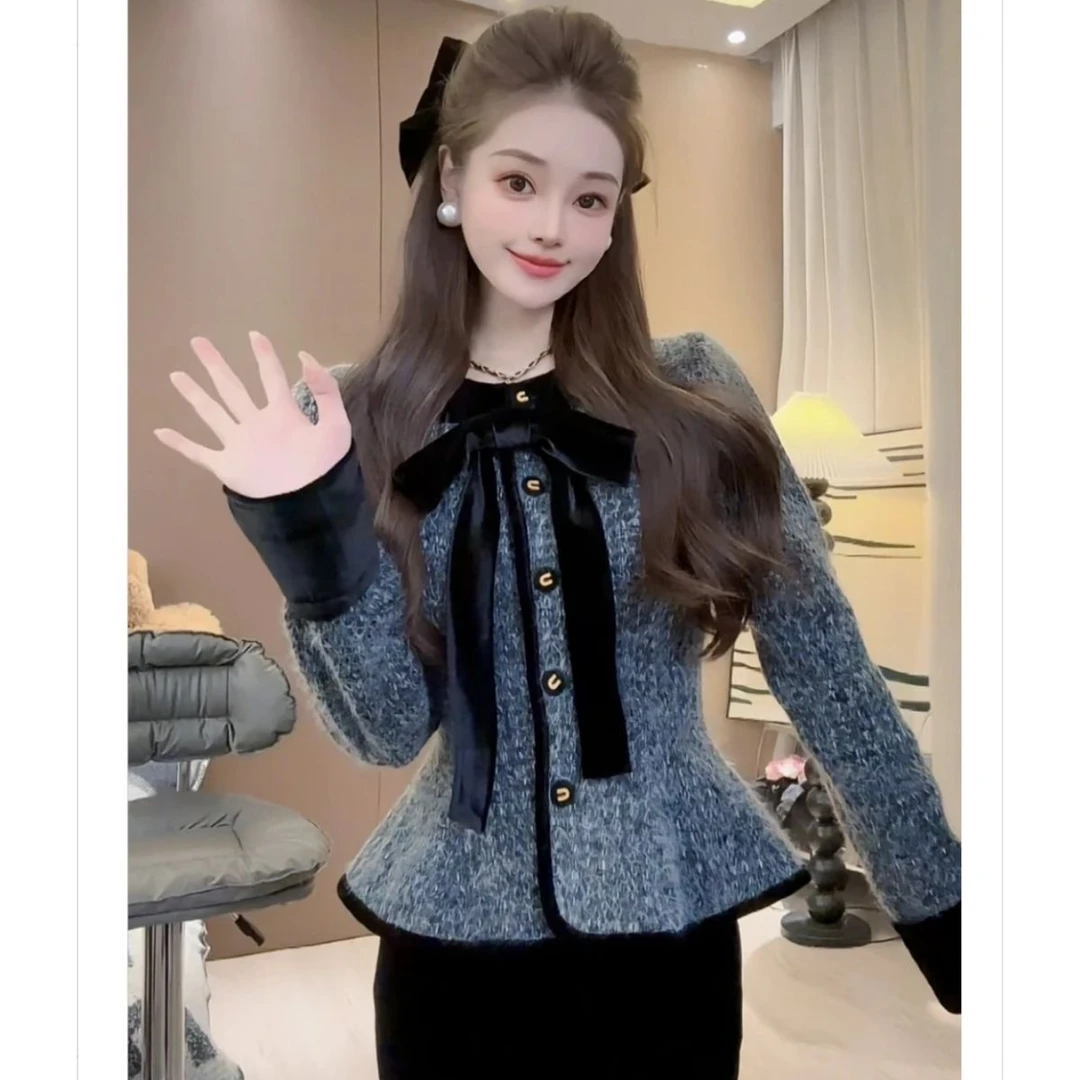 669秋冬季气质名媛高级感独特超好看蝴蝶结领收腰开衫毛衣短上衣