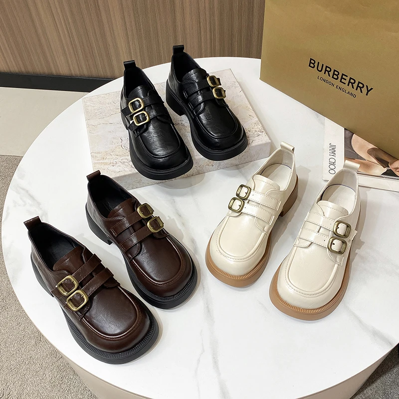 复古英伦风浅口休闲春秋中跟修面皮秋季乐福鞋时尚欧若假日风