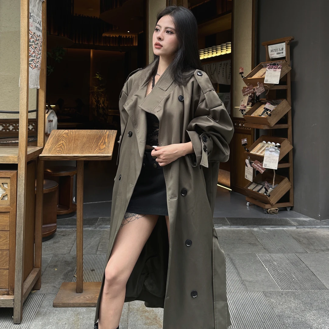 宽松大版设计款显瘦百搭双排扣中长款工装风衣外套