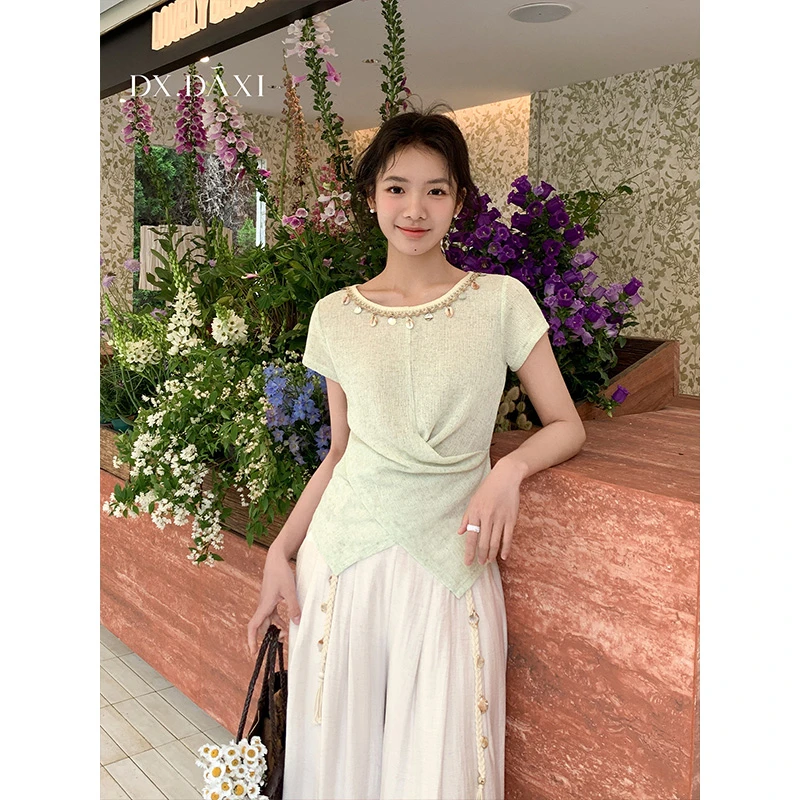 代大喜【野岛青梅】收腰短袖显瘦韩系圆领套头显瘦T恤夏季新款百搭