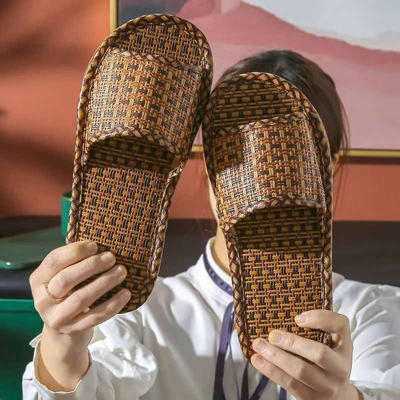 SH家用防臭凉拖鞋居家夏季草编室内家居地板软底防滑男士夏天女
