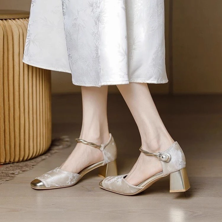 时尚方头女侧拉链时装凉鞋半高跟凉鞋细跟粗跟春夏中跟
