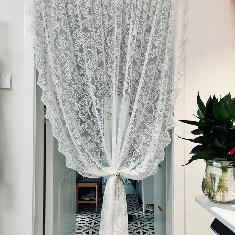 【1.4米宽x2.0米高】凤尾钉珠唯美蕾丝门帘飘窗魔术贴成品直接黏贴