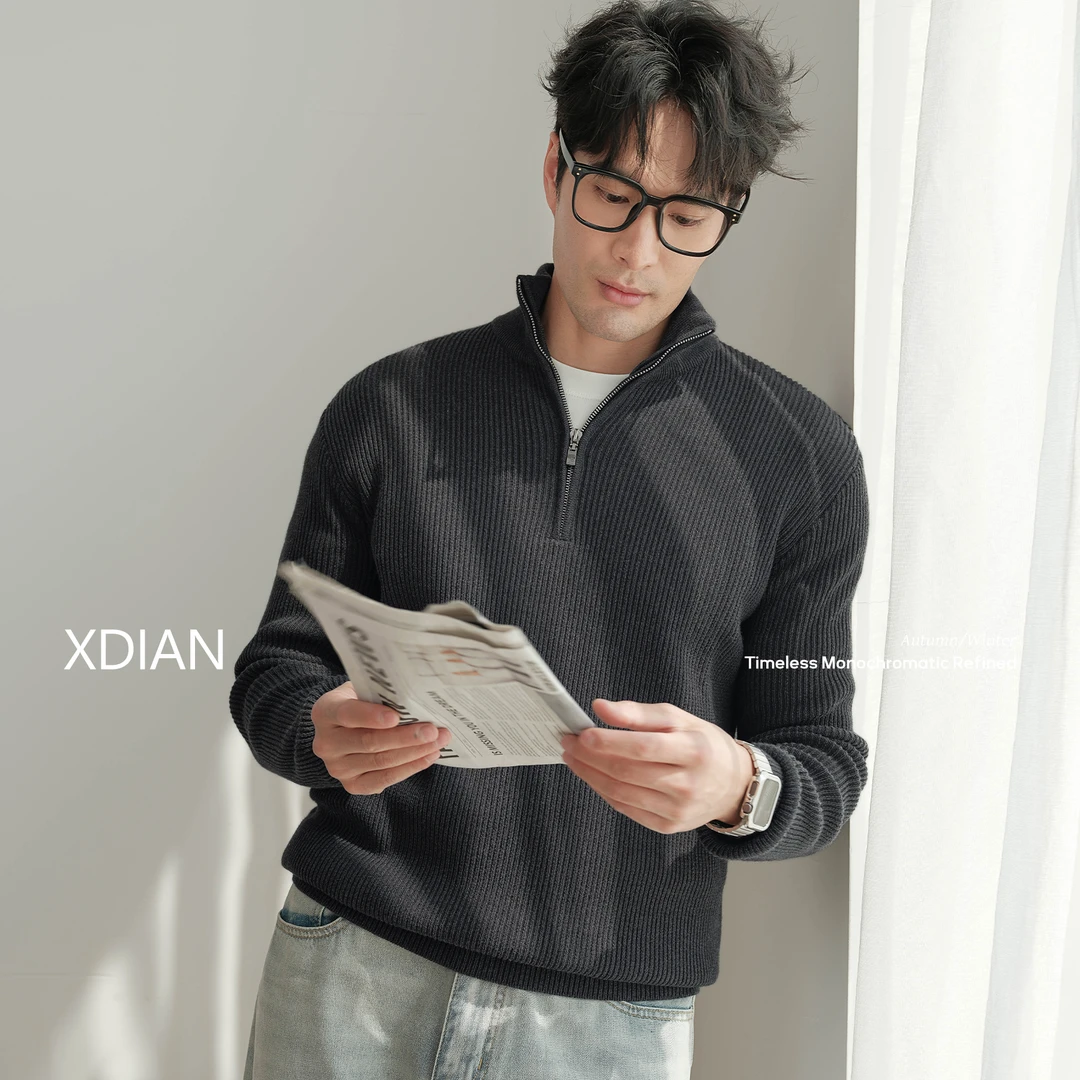 XDIAN/续点秋冬针织保暖毛衣半拉链厚重感立领外套半高领男士上衣