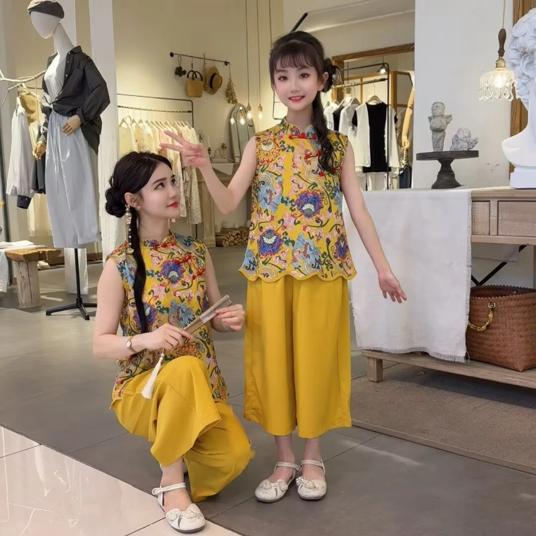 女童国风短袖套装夏装新款中大童网红新中式旗袍阔腿裤两件套薄款