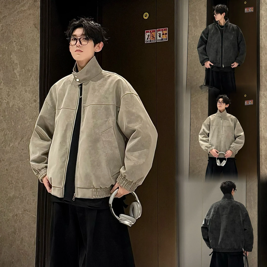 HN潮牌-【扎染pu现货】春季新款复古立领皮衣夹克痞帅宽松百搭外套