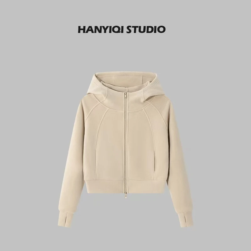 卫衣连帽短款女纯色加厚冬季透气百搭加绒休闲开衫上衣秋季