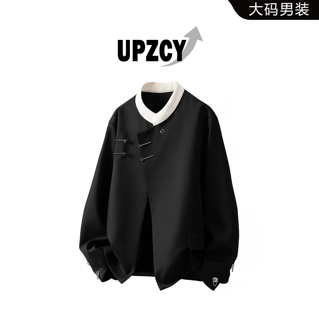 UPZCY大码新中式金属搭扣夹克男款春秋季拼色高级感痞帅西服外套