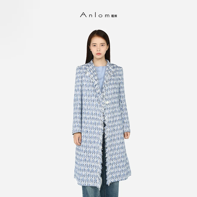 Anlom/娅奴秋冬新款翻领蓝白V领单排扣休闲通勤御寒保暖长外套