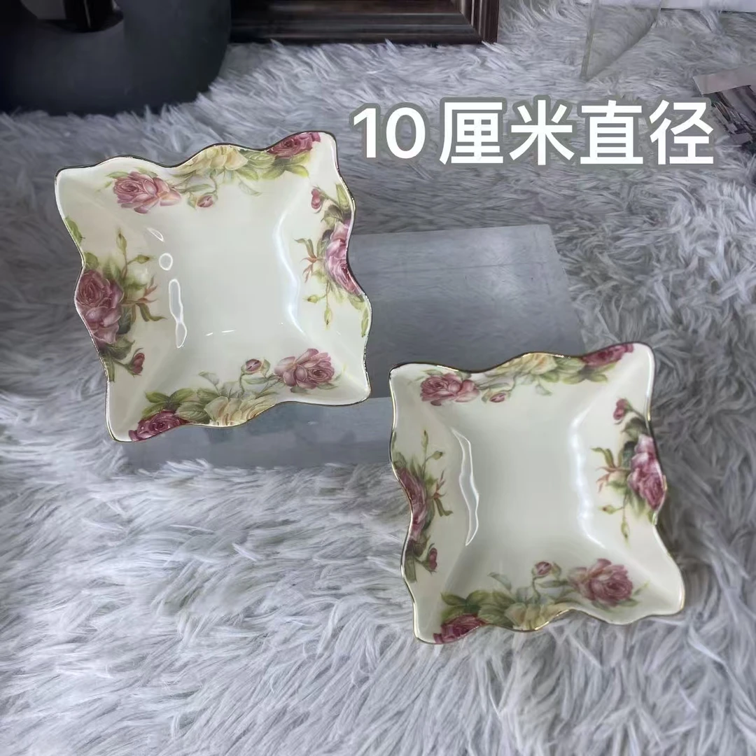陶瓷欧式老镇玫瑰象牙黄四方形小吃碟蘸料碟10厘米味碟