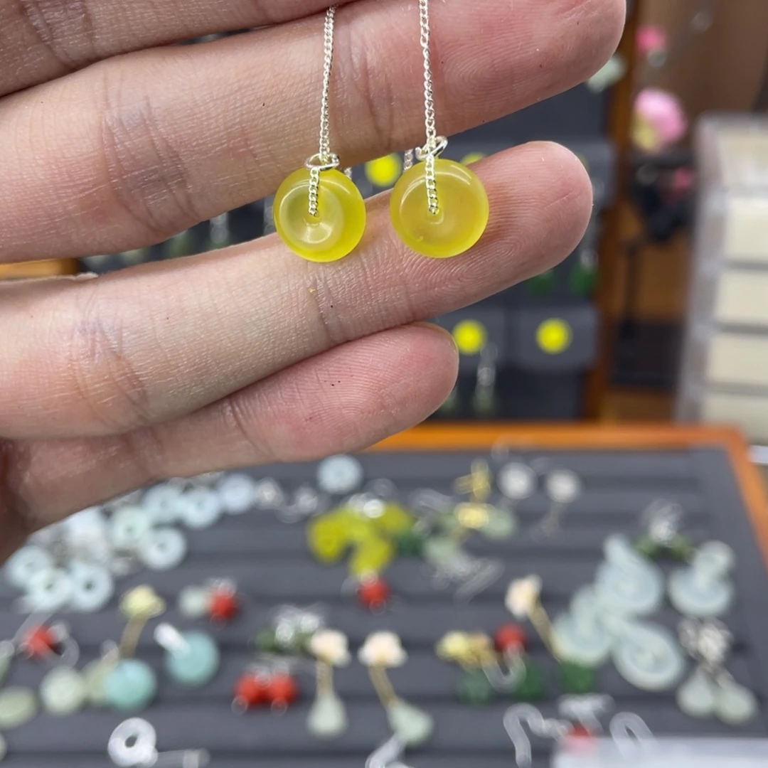 蛇纹石玉耳饰银S925镶嵌