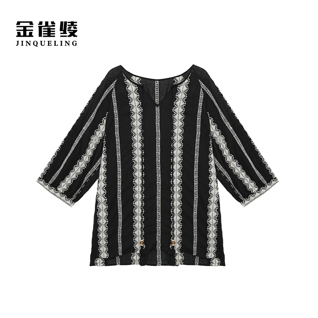 金雀绫【冰凌花】刺绣工艺条纹设计师显瘦大码女装小衫SZA1S224