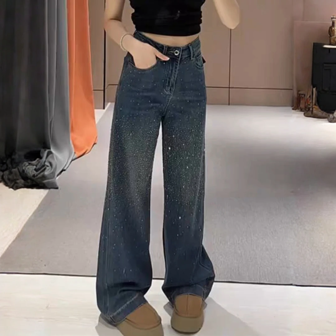 重工满天星烫钻阔腿牛仔裤女2025秋季新款高腰宽松显瘦直筒长裤子