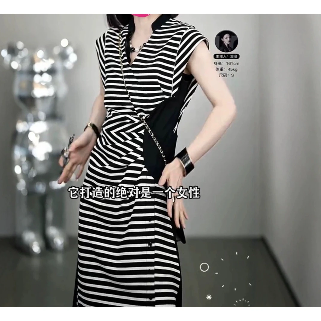 2025夏季女新款法式复古气质收腰显瘦女条纹拼接圆领设计感连衣裙