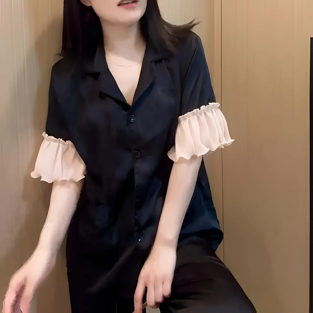 2025法式冰丝绸缎睡衣女夏季薄款短袖长裤气质甜美蕾丝家居服套装