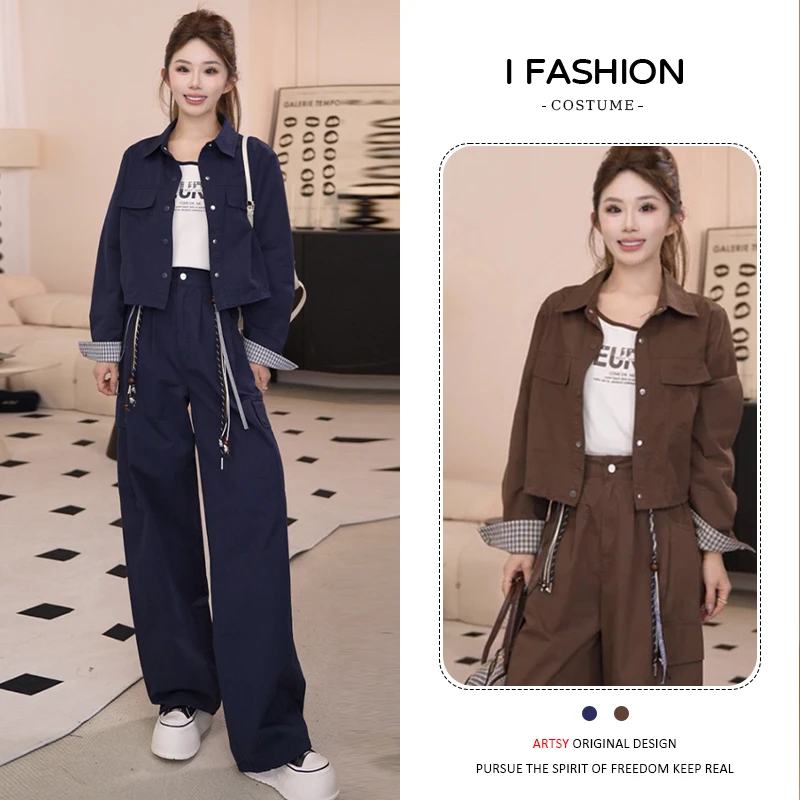 韩版时尚百搭套装女2025年春秋新款夹克外套休闲吊带阔腿裤三件套
