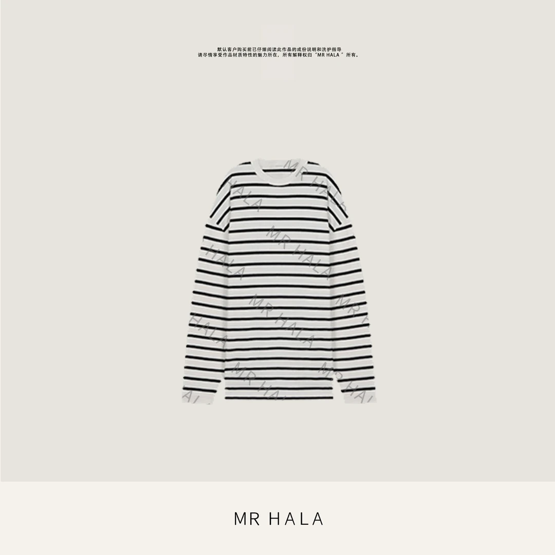 MRHALA品川条纹松弛感直播时尚匹马棉长袖上衣LW40119