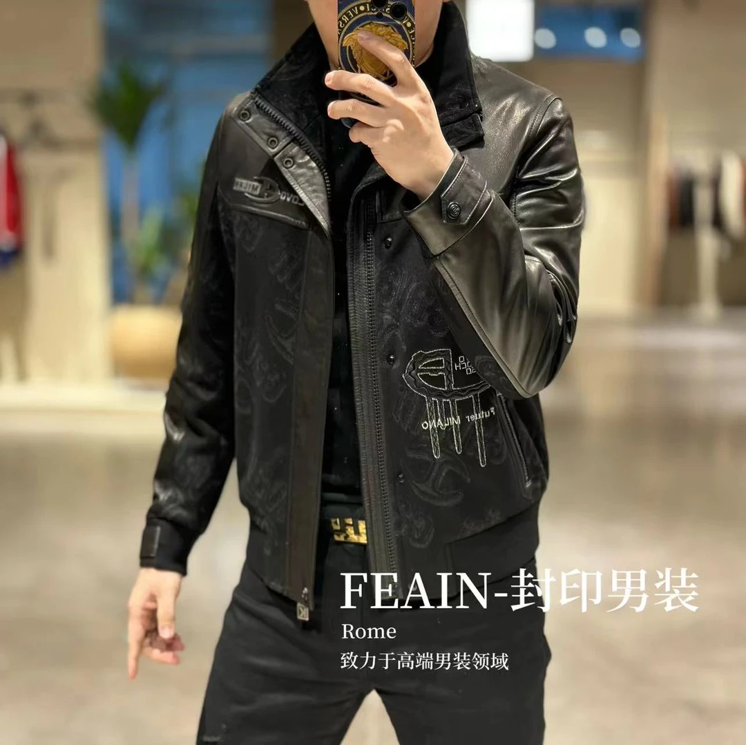 【乔治·雷迪尼】高端定制山羊皮拼接立领鹅绒羽绒服0105-2