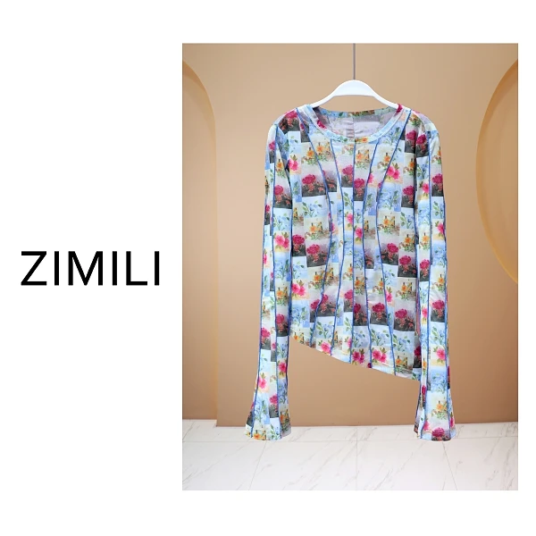 【亮哥女装】2025夏《水彩》轻薄透气冰凉花色走线拼接微透T恤8030