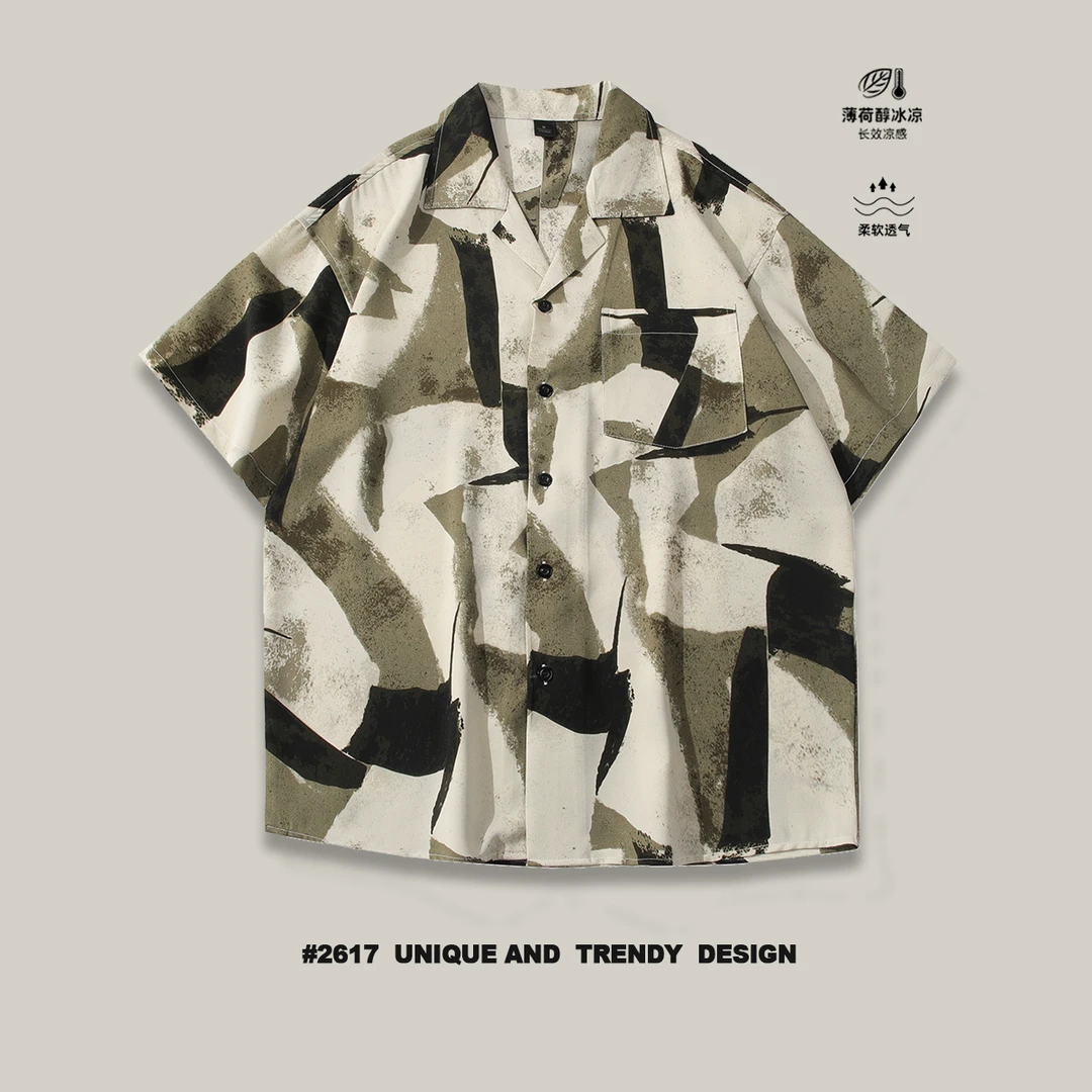 新款古巴领夏季宽松冰丝短袖衬衫百搭高级感男装休闲男士痞帅衬衣