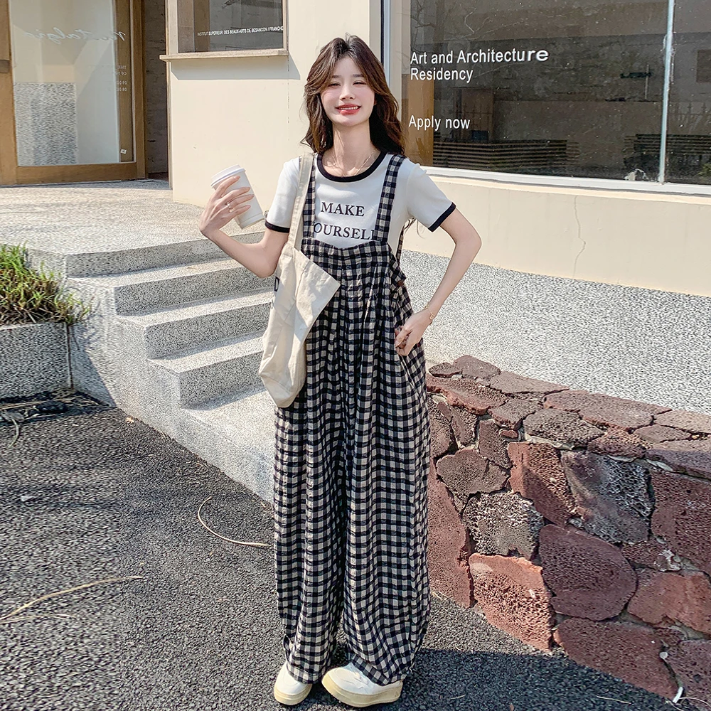 黑色韩系松弛感格纹背带裤女2025夏季新款休闲时尚宽松直筒连身裤