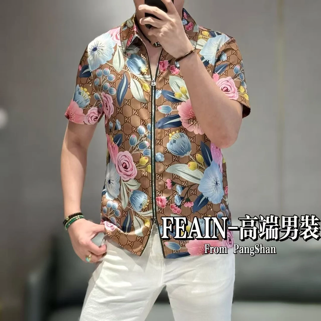 高端定制进口丝柔贡缎男士大G风格花开富贵双开拉链开衫2531