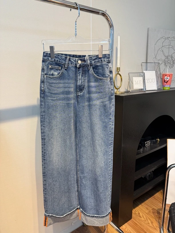 翻边撞色蓝色牛仔直筒裤70326