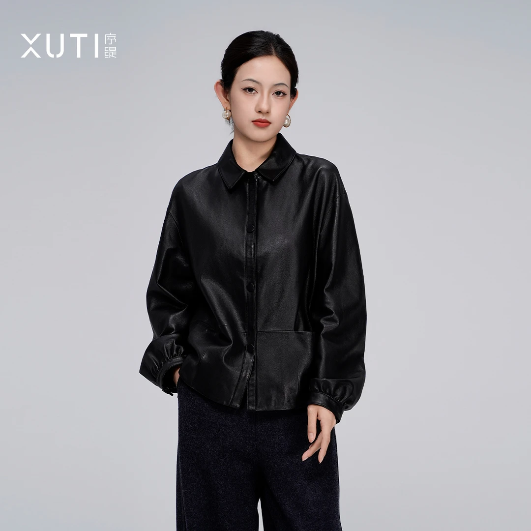 序缇新中式100%羊皮革皮衣外套女秋季新款黑色上衣H270-19161