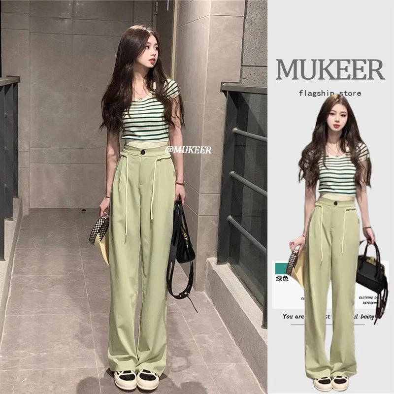 夏季温柔系穿搭女2025新款通勤百搭短款条纹T恤显瘦裤子两件套潮