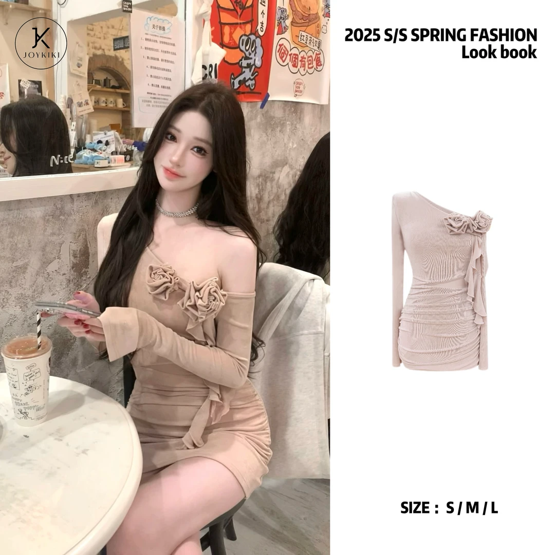 JOY KIKI金金【山茶序曲】纯欲气质修身斜肩长袖弹力包臀裙J25A192