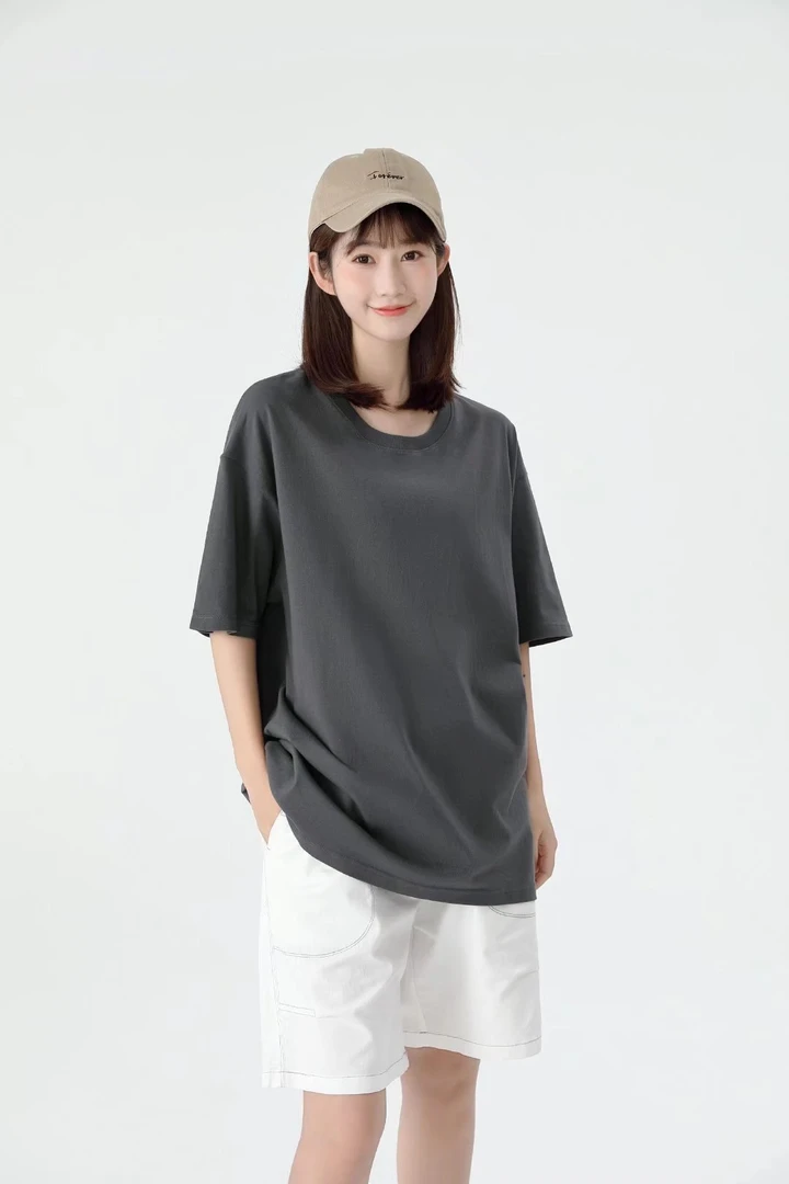 百搭重磅炭灰色宽松纯棉短袖恤女夏季深灰色纯色圆领休闲半袖上衣