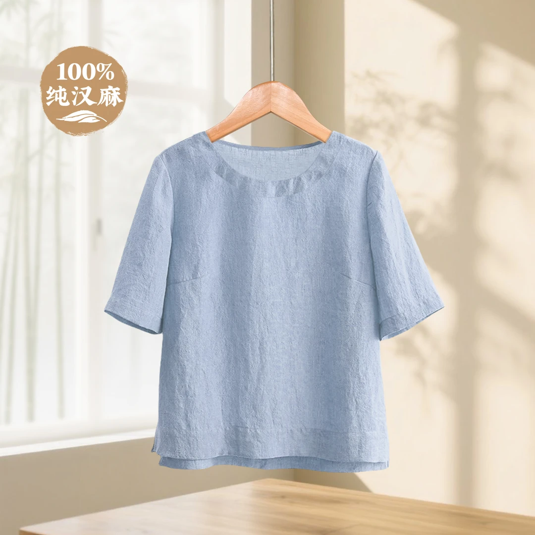100%重磅纯汉麻24支套头小衫女士圆领休闲居家百搭上衣T恤