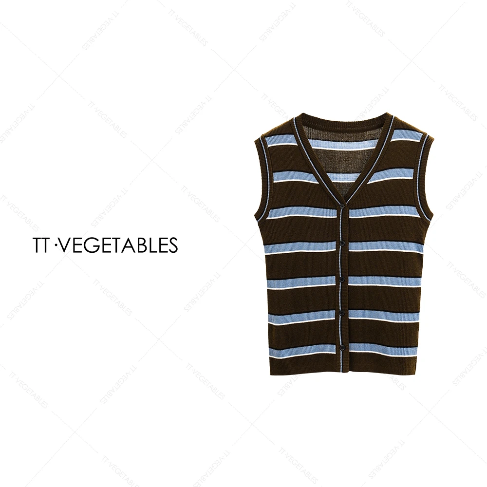TT・VEGETABLES【序白】牧笛 绵羊毛无袖外套女士马甲条纹上衣521629